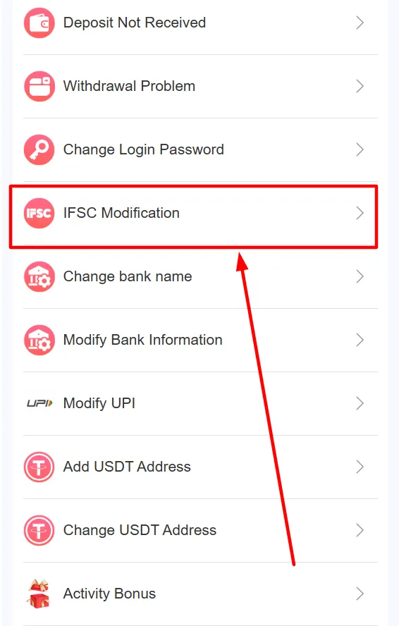 Select the IFSC Modification option for your issue